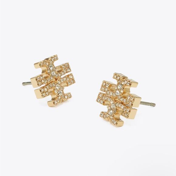 Tory Burch Crystal Logo Earrings in Gold - Picture 2 of 3
